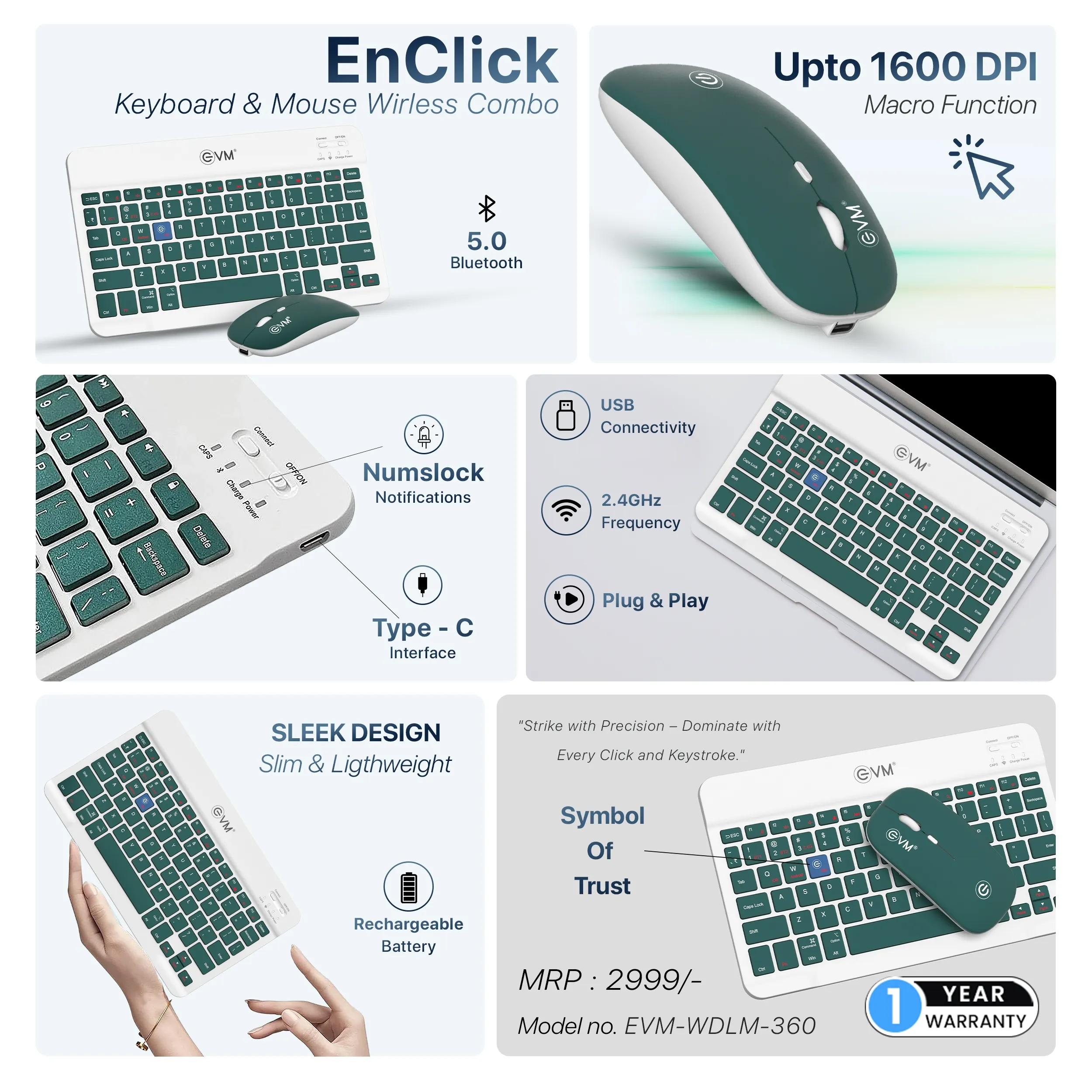 EVM Bluetooth Keyboard Mouse Combo Enclick WLKM & EWLM 360 view 4